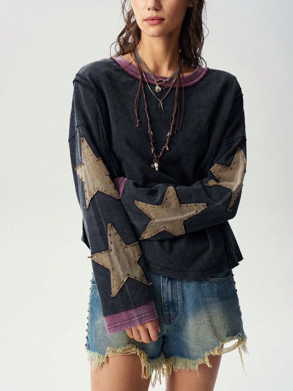 Multicolor Casual Women's Grunge Knit Crew Neck Long Sleeve Loose Fit T-Shirt